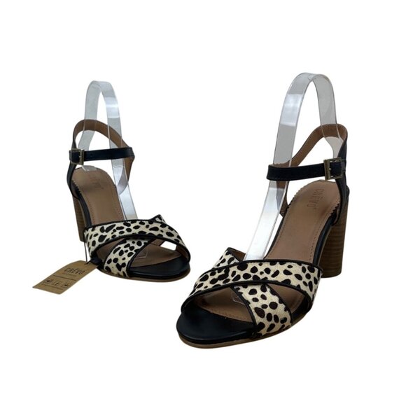 Crevo Women’s Black Spotted Leather Cow Hair Katnis Heeled Sandals Sz 7.5 - New - Picture 1 of 11